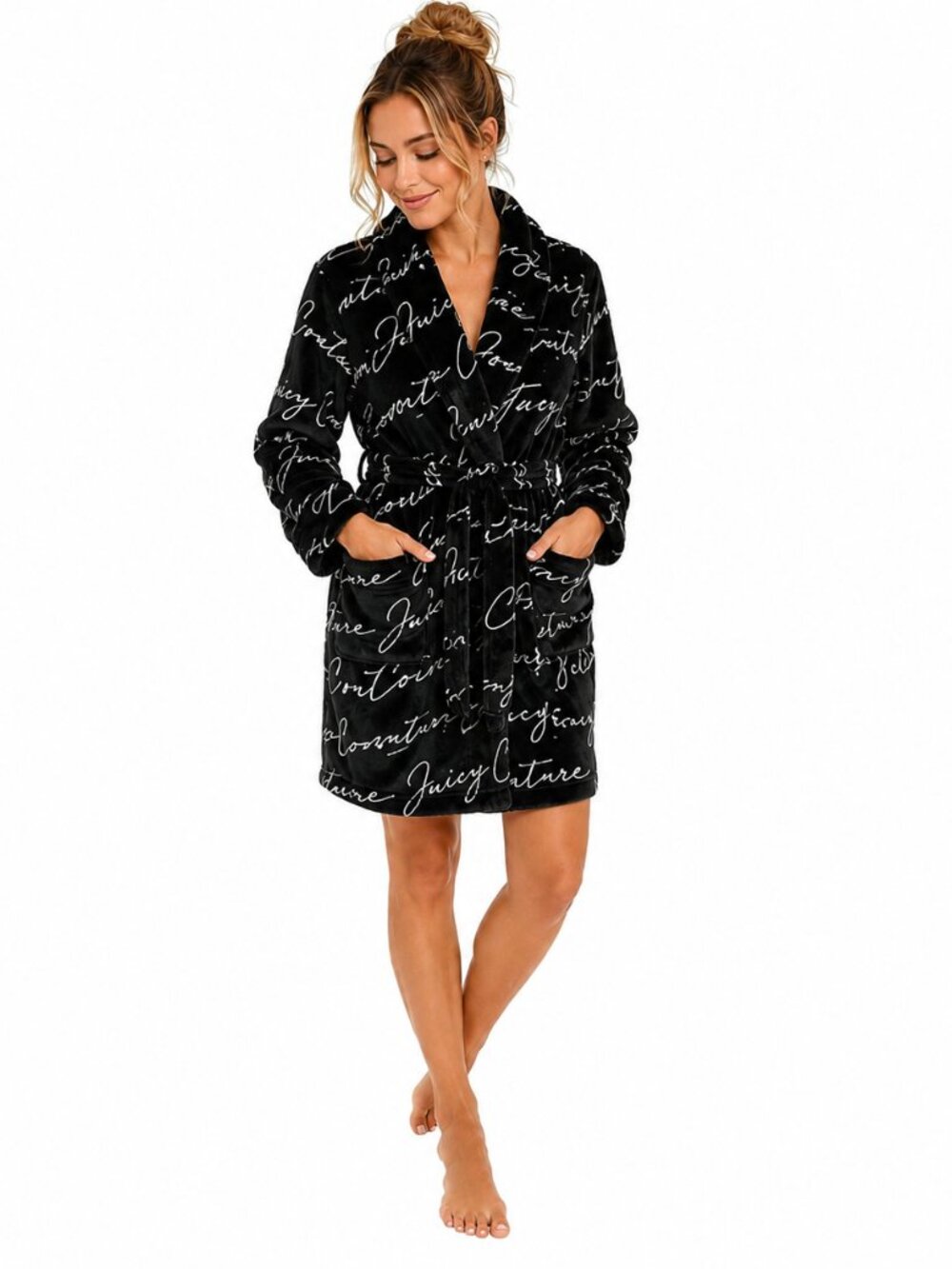 Vintage Juicy Couture Black Soft Plush Logo Script Bathrobe Knee Length Sz L/XL